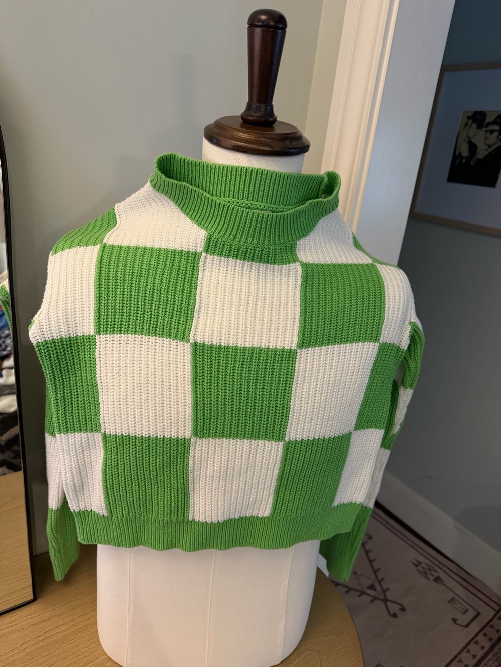 GREY LAB Green White Checkerboard crop Turtleneck crop Sweater xs